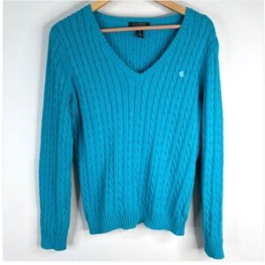 Lauren Ralph Lauren Cable Knit Sweater L Blue V Neck Preppy Classic Old Money